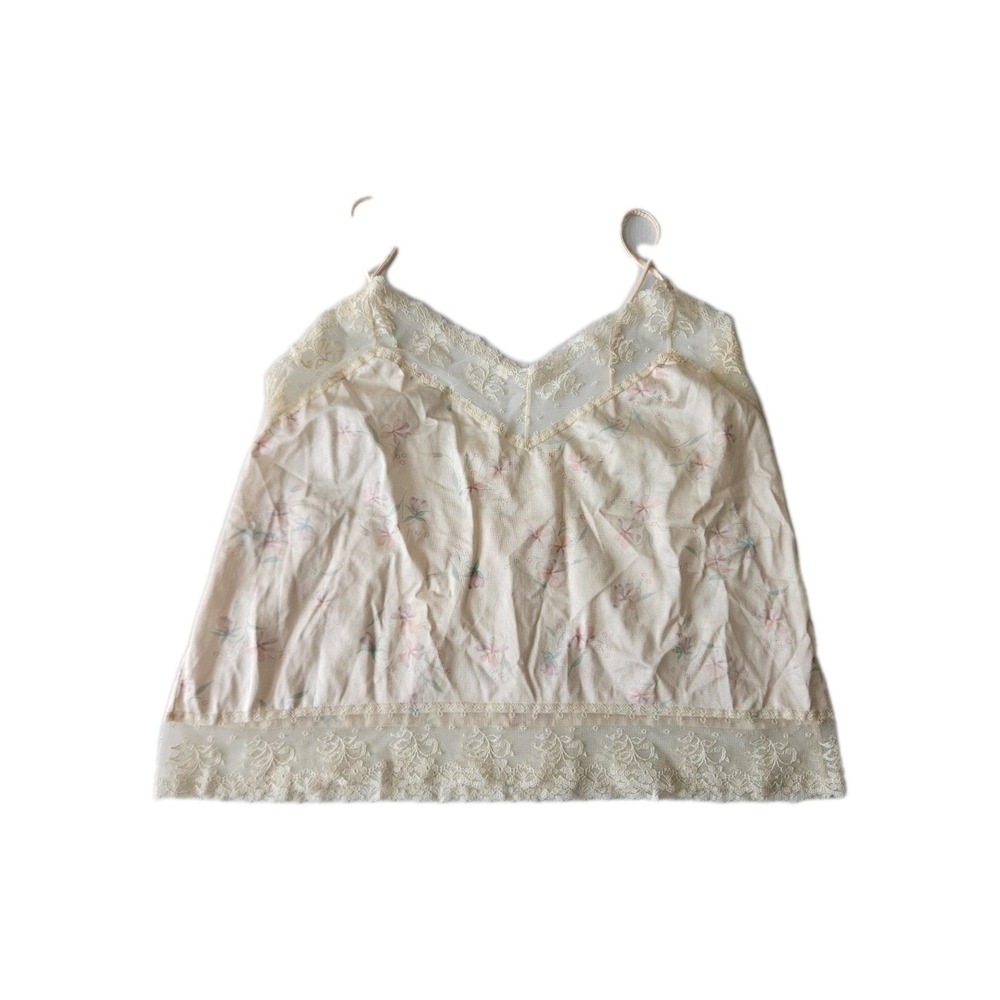 Vtg Christian Dior Cream + Floral + Lace + Satin Cropped Cami Delicate Spring S